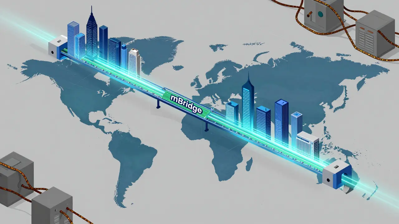 Isometric diagram showing fast CBDC cross-border payment bridge vs old banking