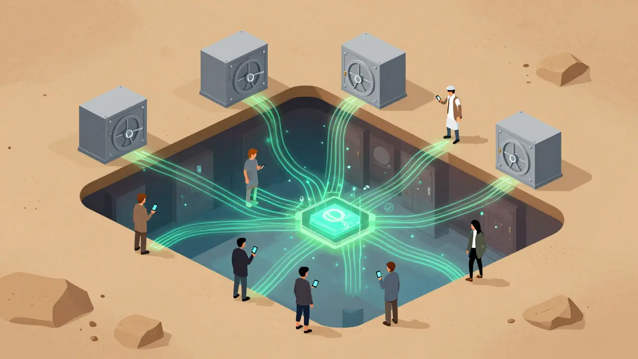 Isometric view of underground crypto networks bypassing blocked banks