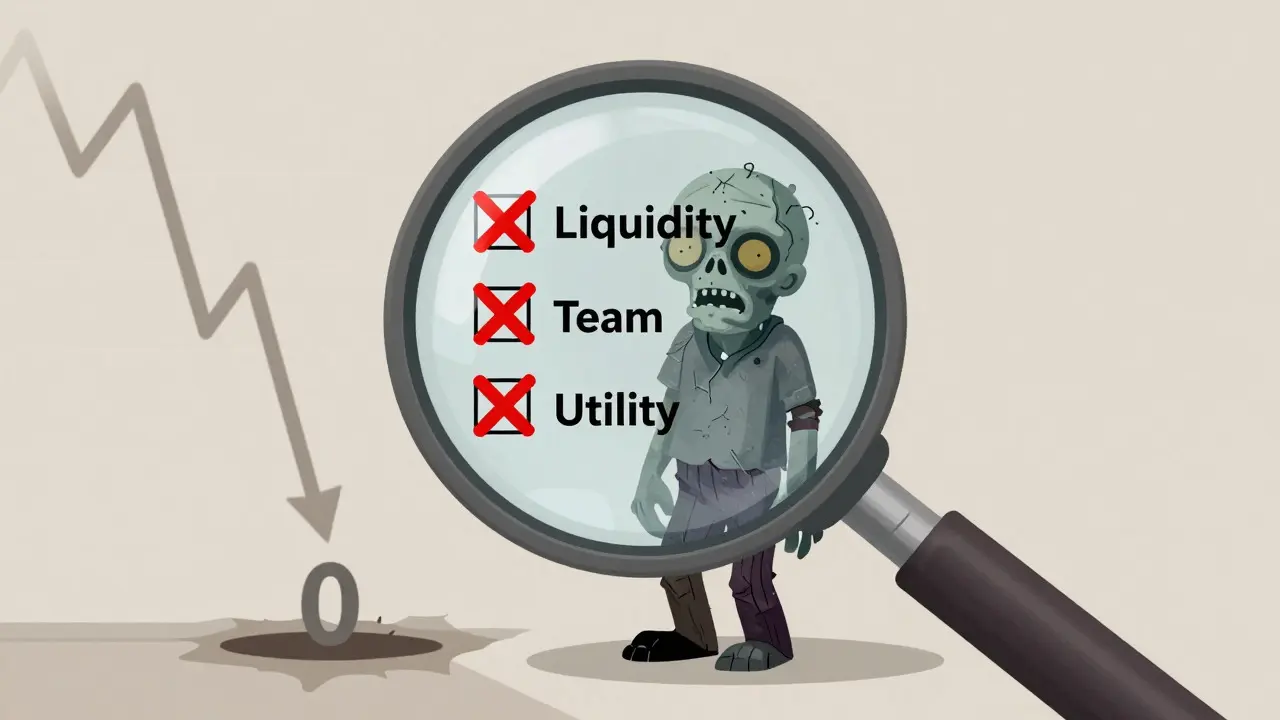 Magnifying glass inspecting a cracked zombie coin with red warning signs