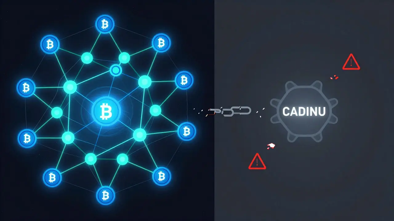 Schematic comparing active crypto networks to an isolated, dead token node