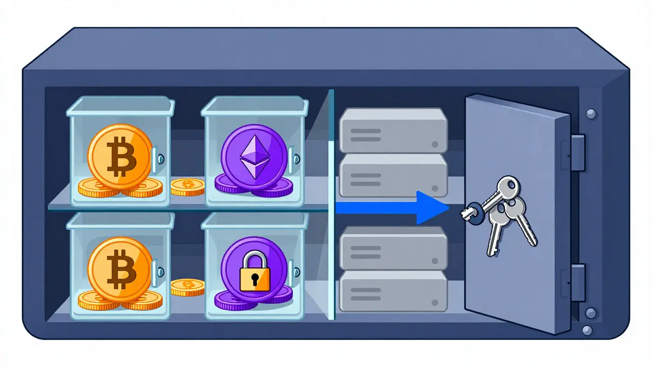 Schematic diagram of segregated cold wallets securing crypto assets from operations.