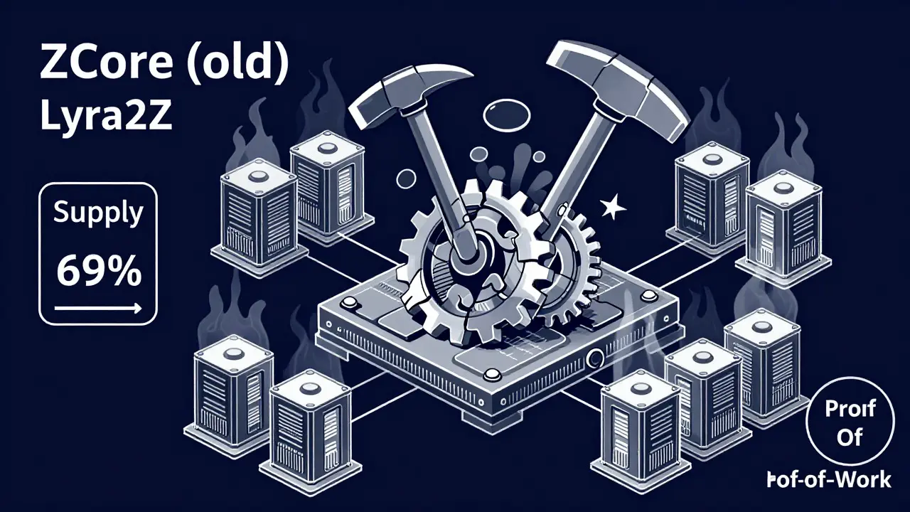 Technical diagram of ZCore old mining with GPUs and Lyra2Z algorithm gears