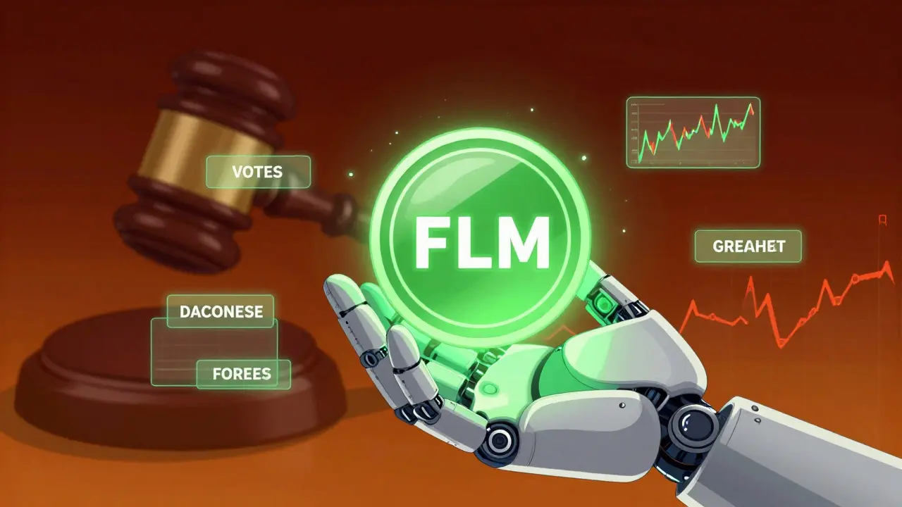 Technical drawing of FLM token with governance nodes and regulatory shadows
