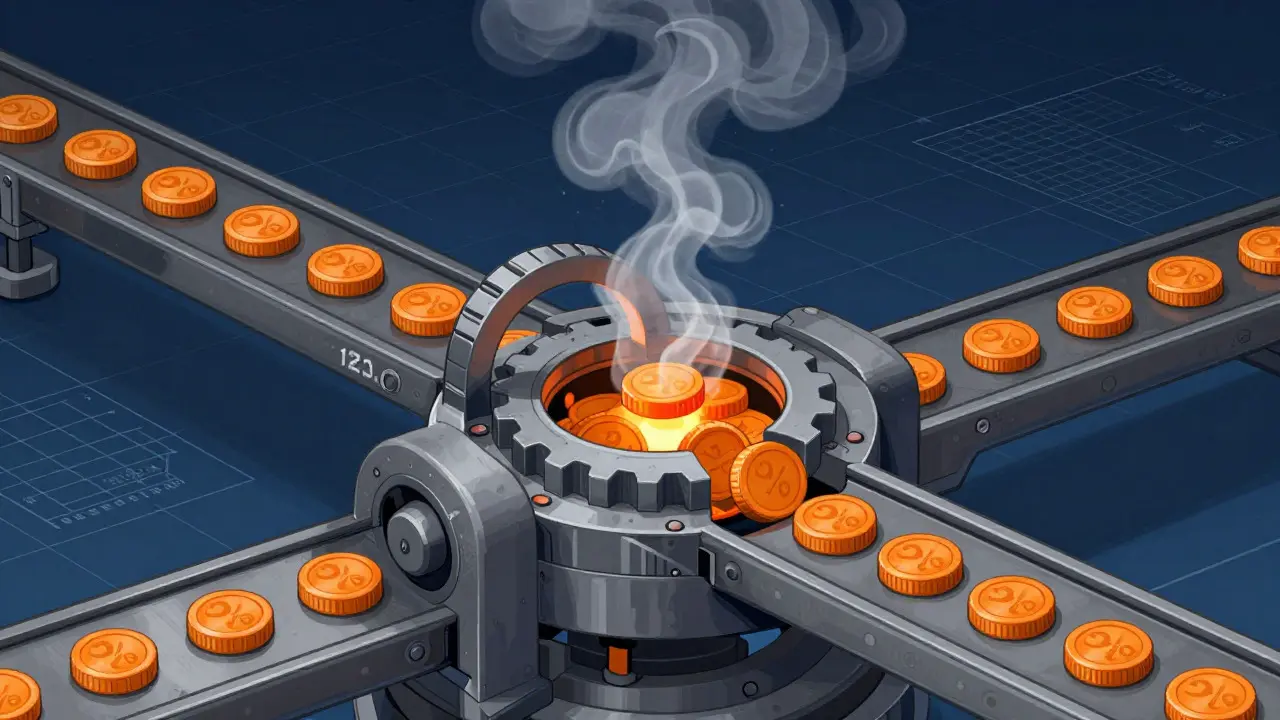 A mechanical diagram showing tokens being partially burned in a gear system
