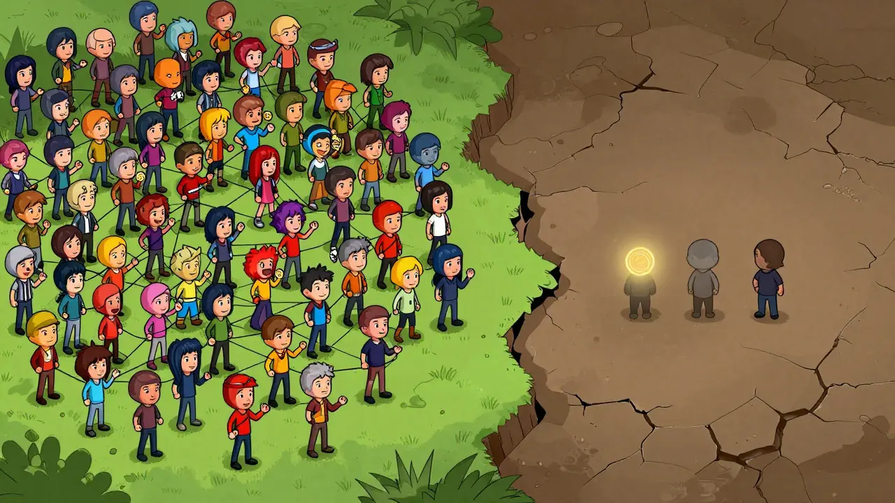 A split scene contrasting a large active community with a tiny isolated group