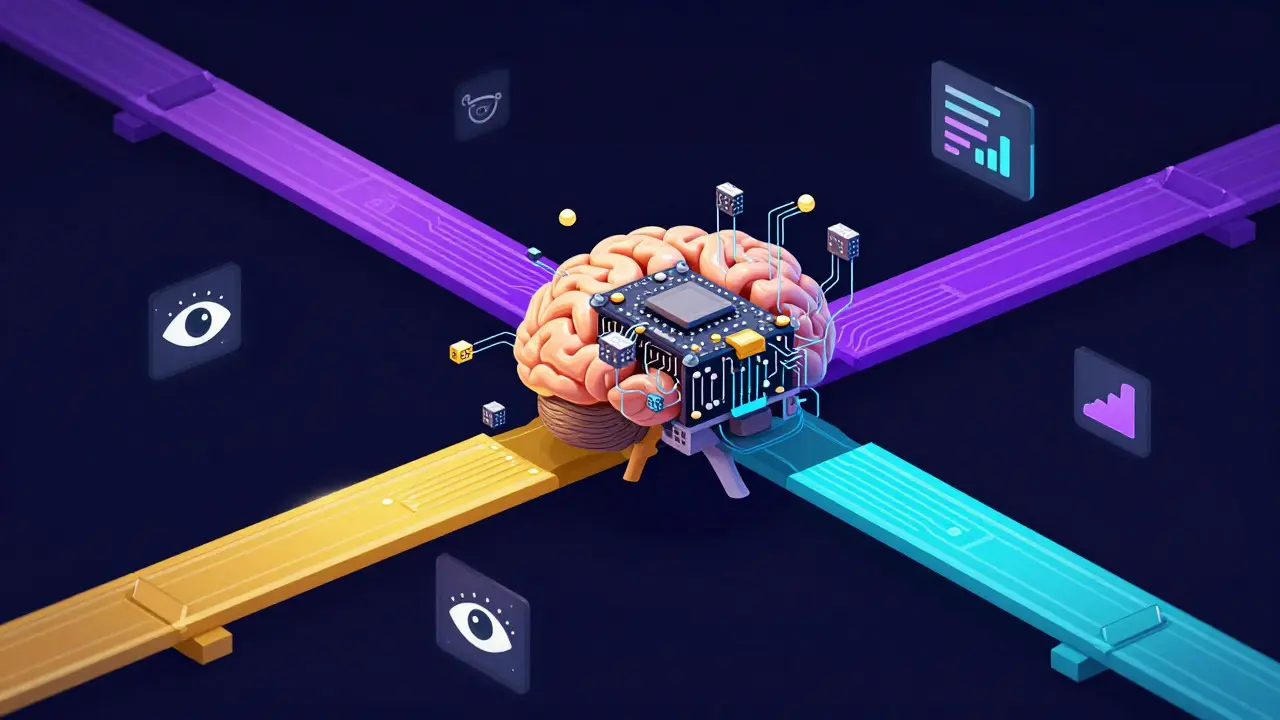 AI brain connecting different colored blockchain chains via bridges