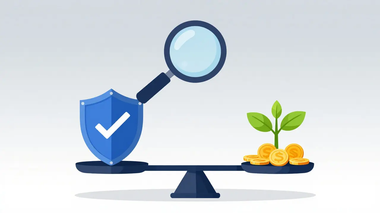 Balanced scale weighing a compliance shield against a growing tech plant under a magnifying glass