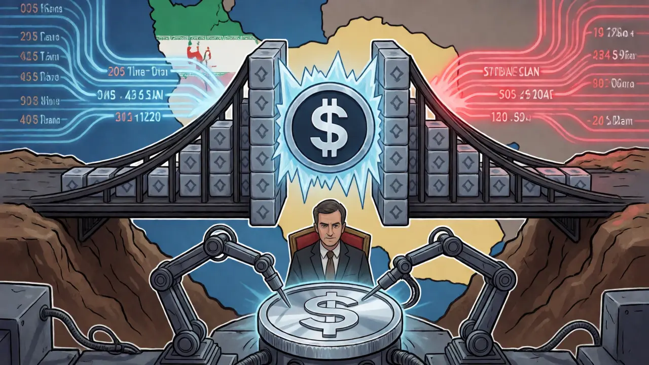 Blockchain bridge blocked by frozen stablecoins while Digital Rial is forged by state robots.