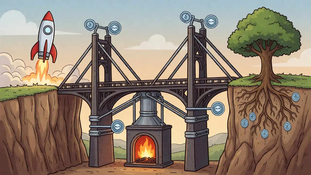Bridge metaphor illustrating sustainable memecoin growth via liquidity locks and partnerships.