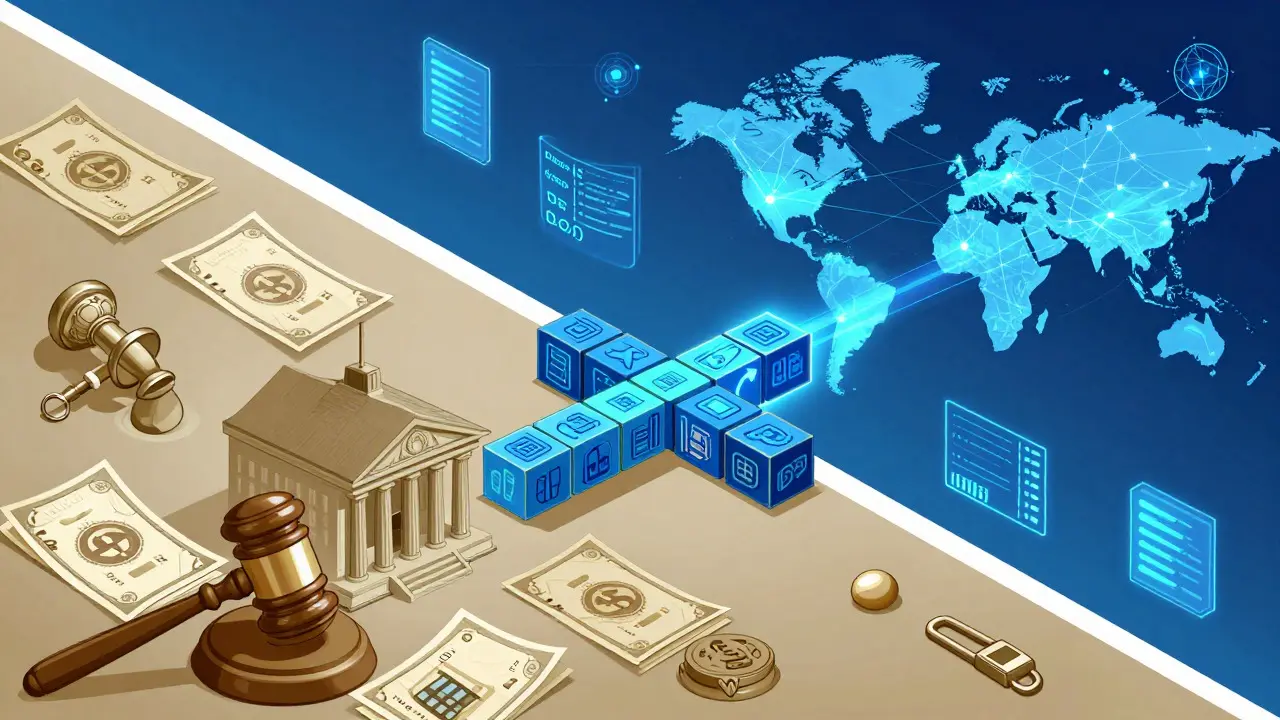 Cartoon depicting the bridge between traditional finance and blockchain