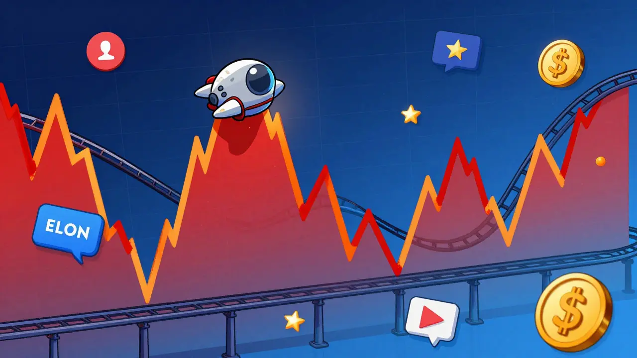 Cartoon graphic of a spacecraft riding a volatile stock market graph