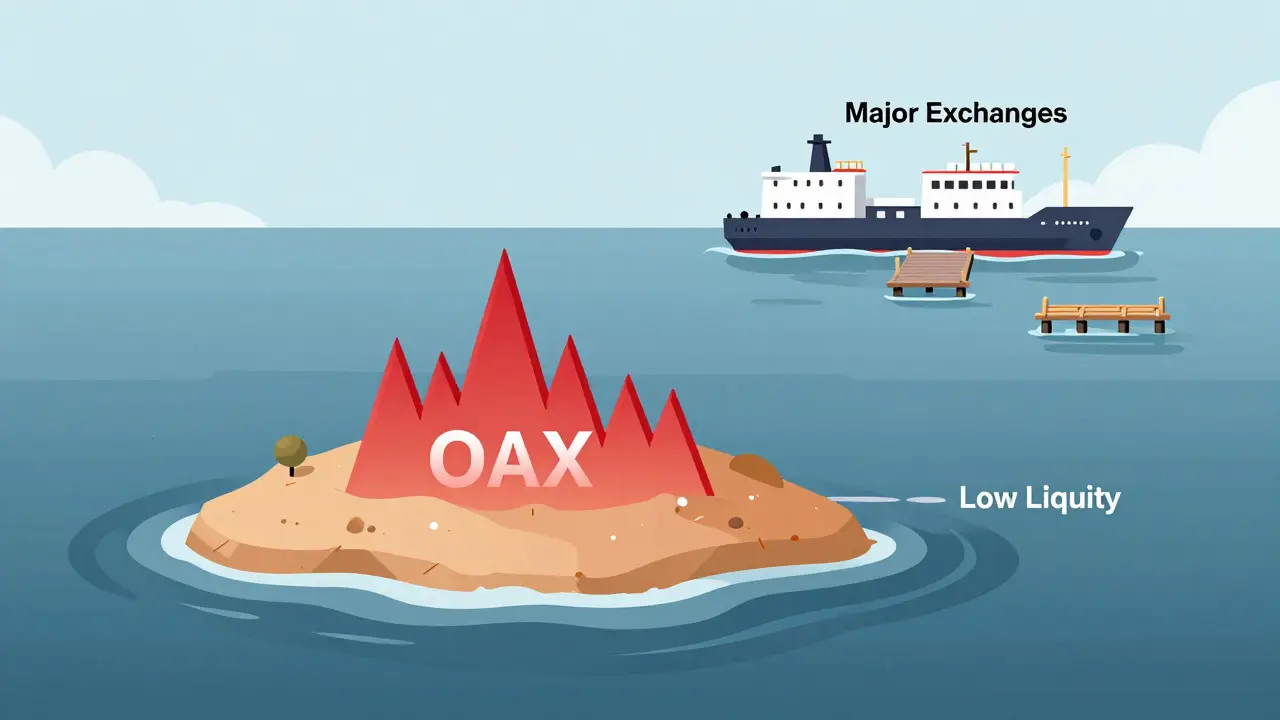 Cartoon map illustrating low liquidity risks and exchange delisting challenges for OAX token