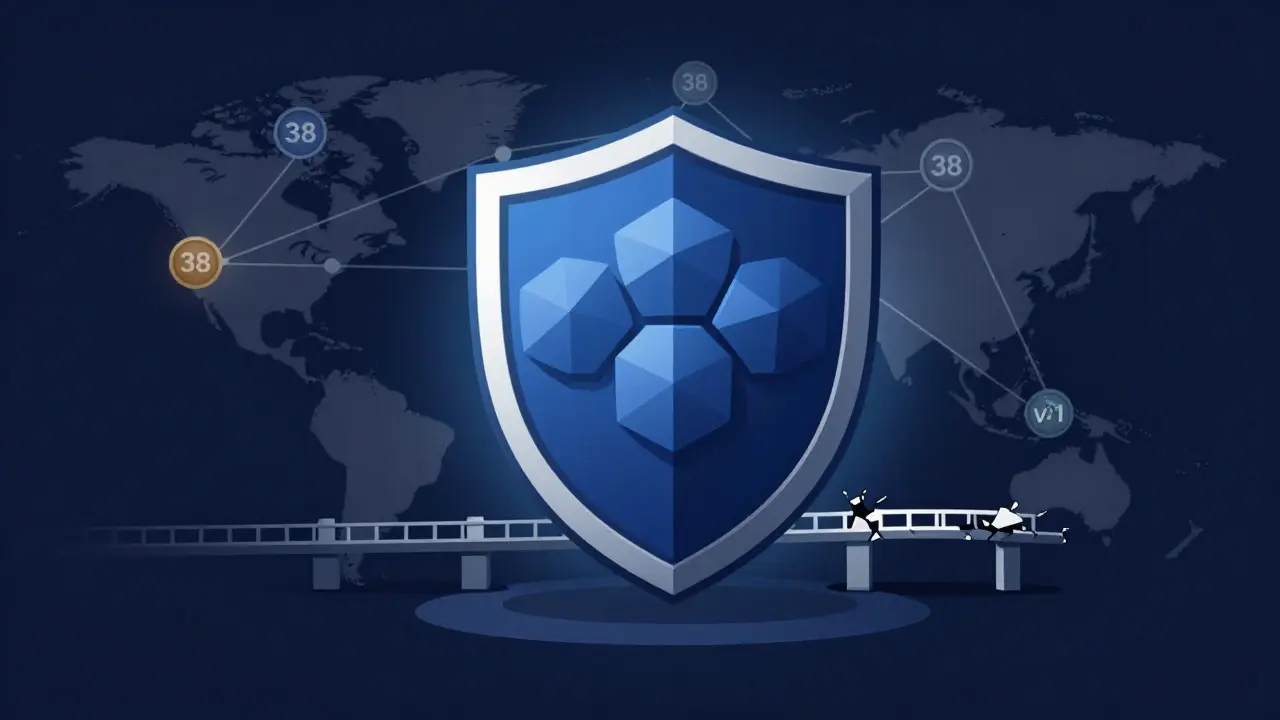Cartoon of a hexagonal security shield with a broken bridge, representing security and limited connectivity