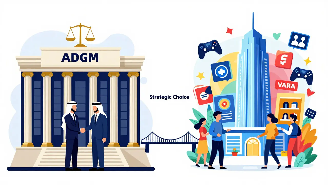 Comparison illustration of ADGM institutional vs VARA retail crypto hubs