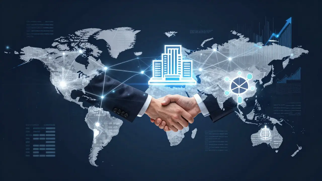 Conceptual art showing global financial network and bank partnerships