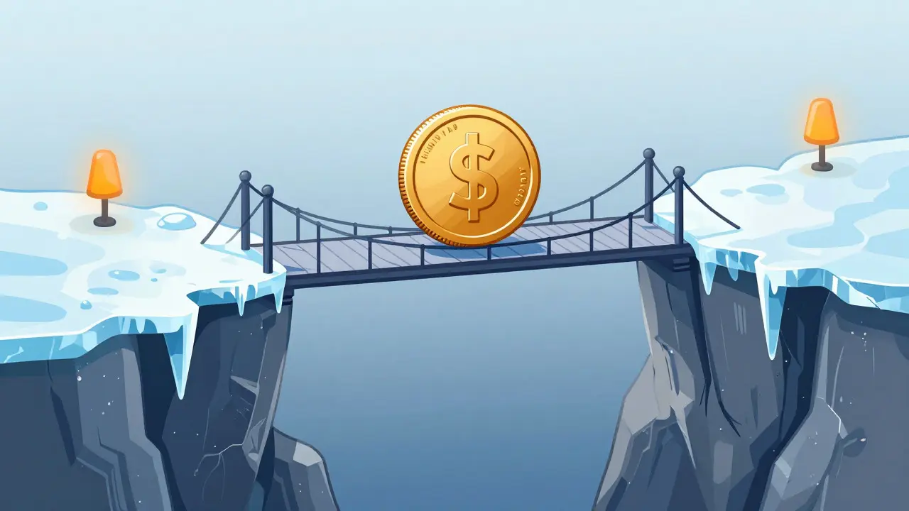 Conceptual illustration of low liquidity represented by a fragile ice bridge
