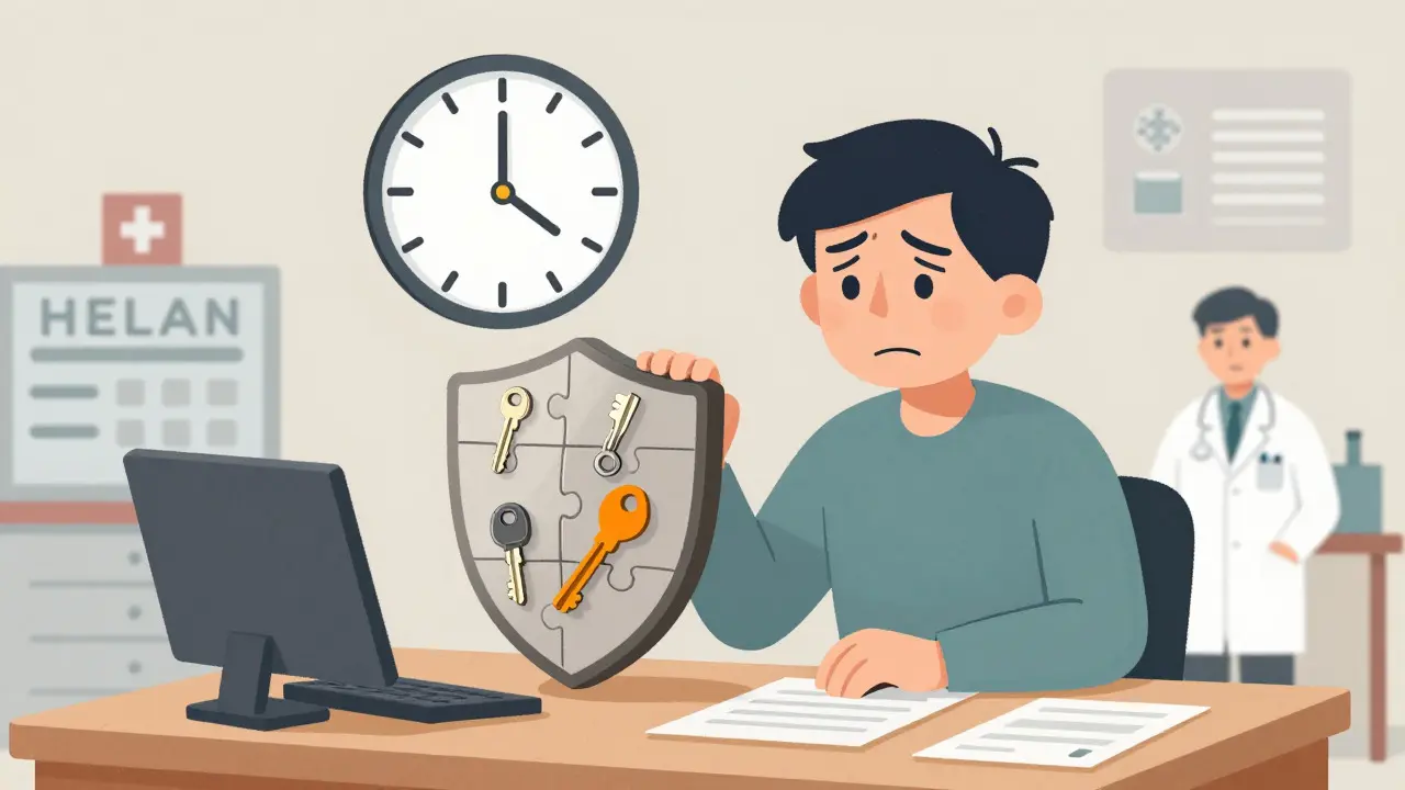 Confused patient struggling with complex digital key management puzzle