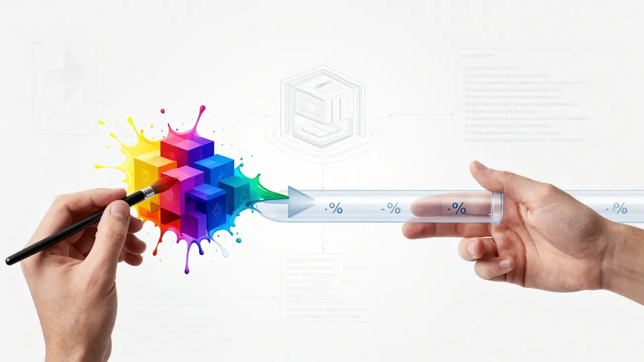 Cross-section illustration depicting artist royalties flowing back to creators via blockchain