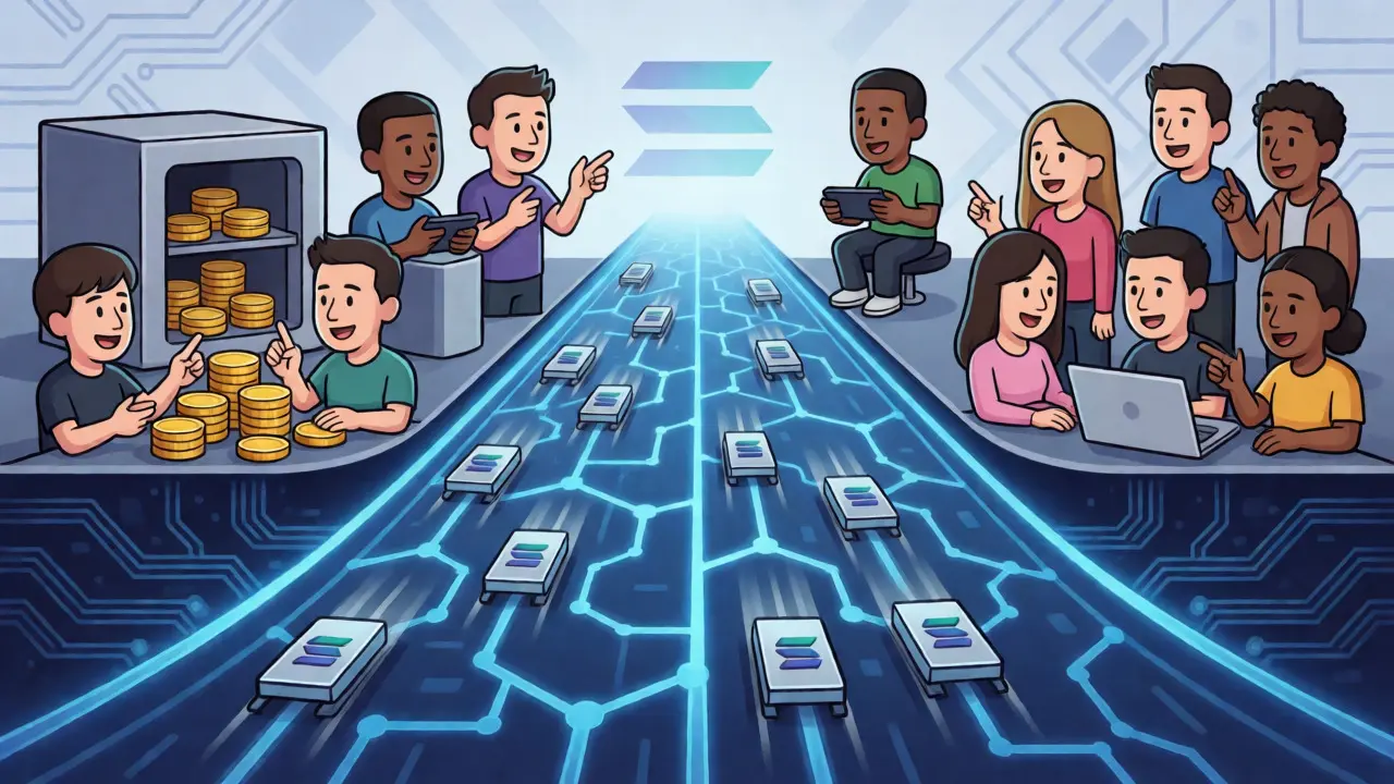 Cross-section of a Solana memecoin ecosystem showing staking, gaming, and fast transactions.