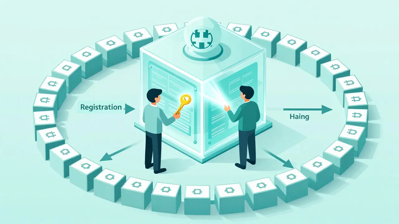 Diagram of patient holding key to encrypted blockchain medical vault