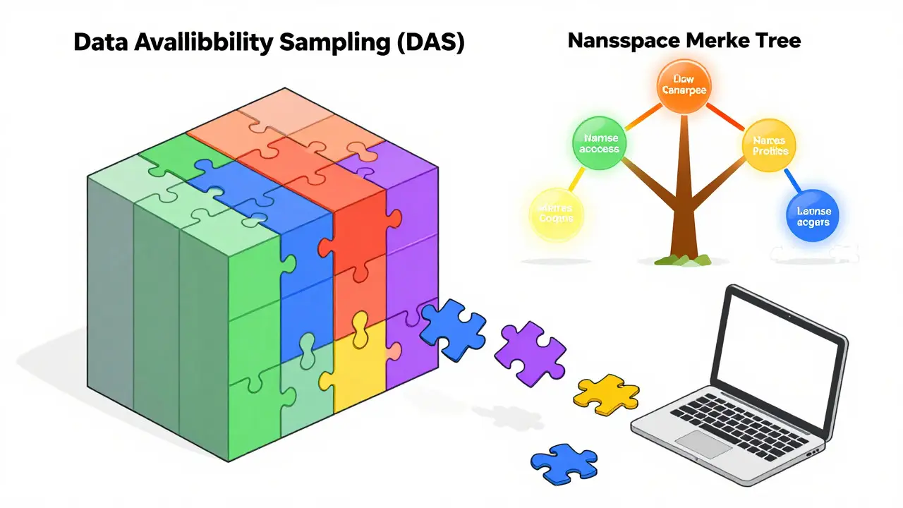 Diagram showing data sampling and namespace trees for efficient blockchain verification