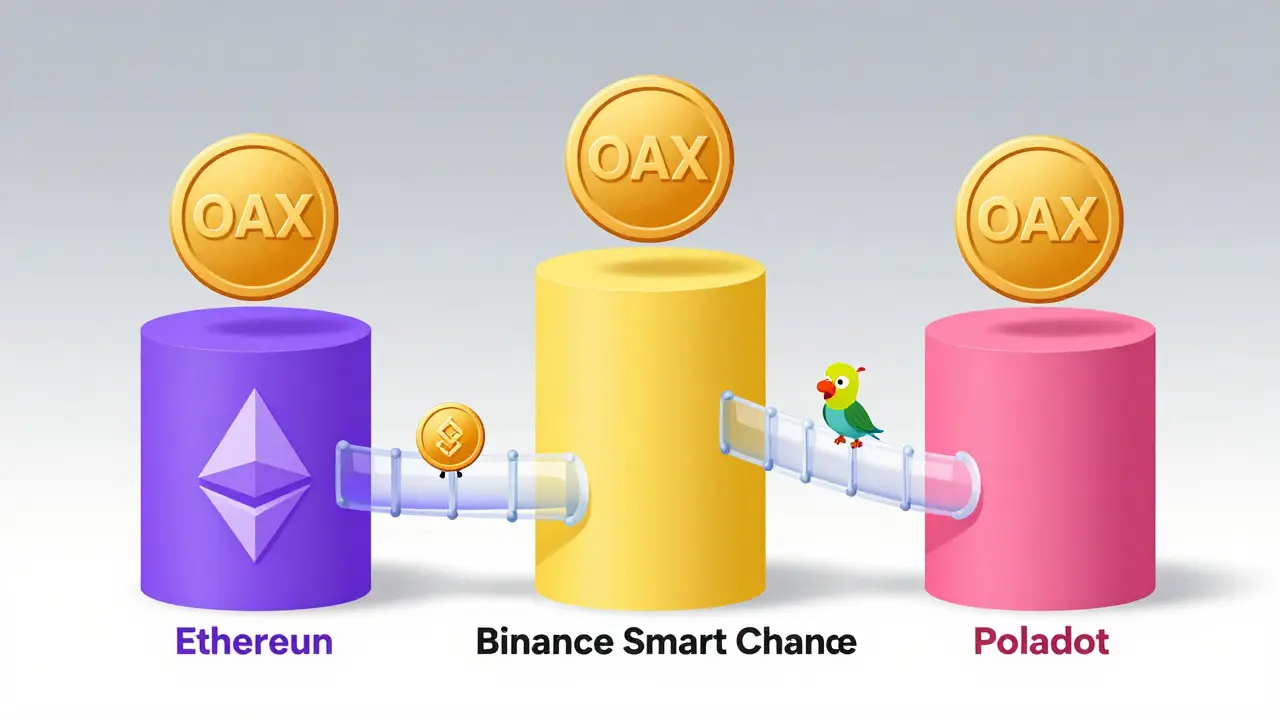 Diagram showing OAX token moving across Ethereum, BSC, and Polkadot blockchains via bridges