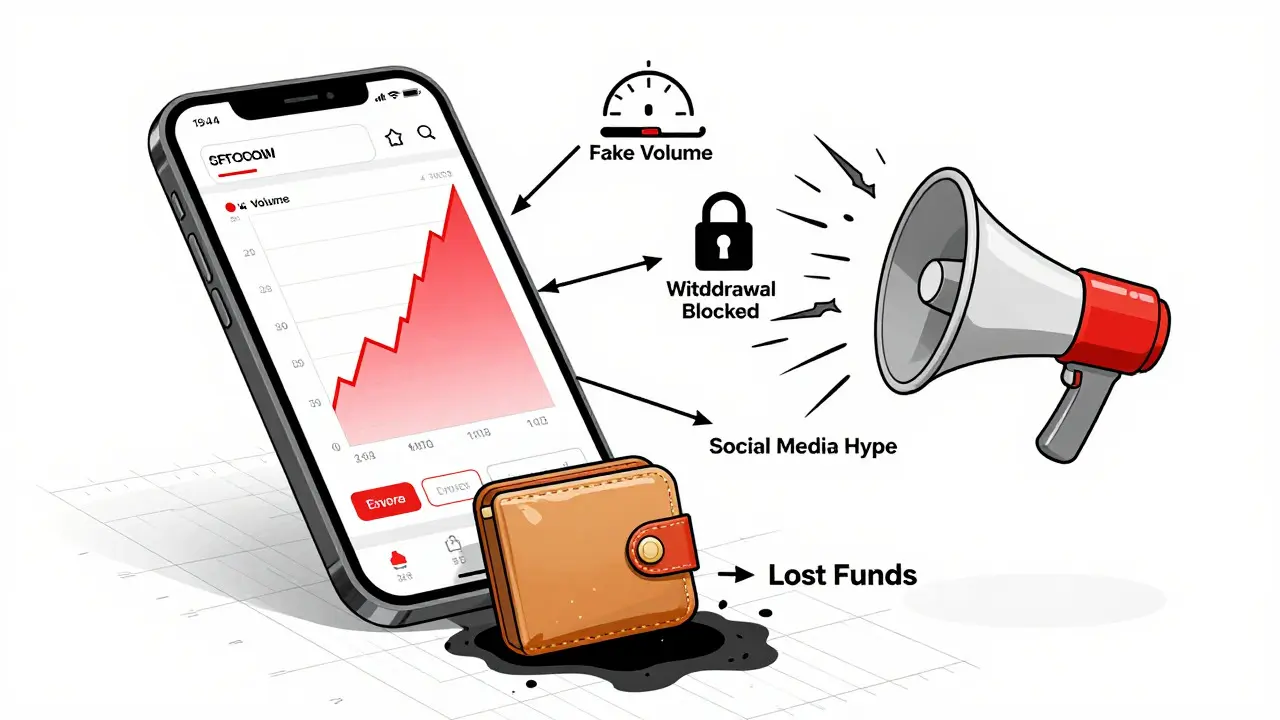 Exploded diagram of crypto scam mechanics showing fake charts and lost funds