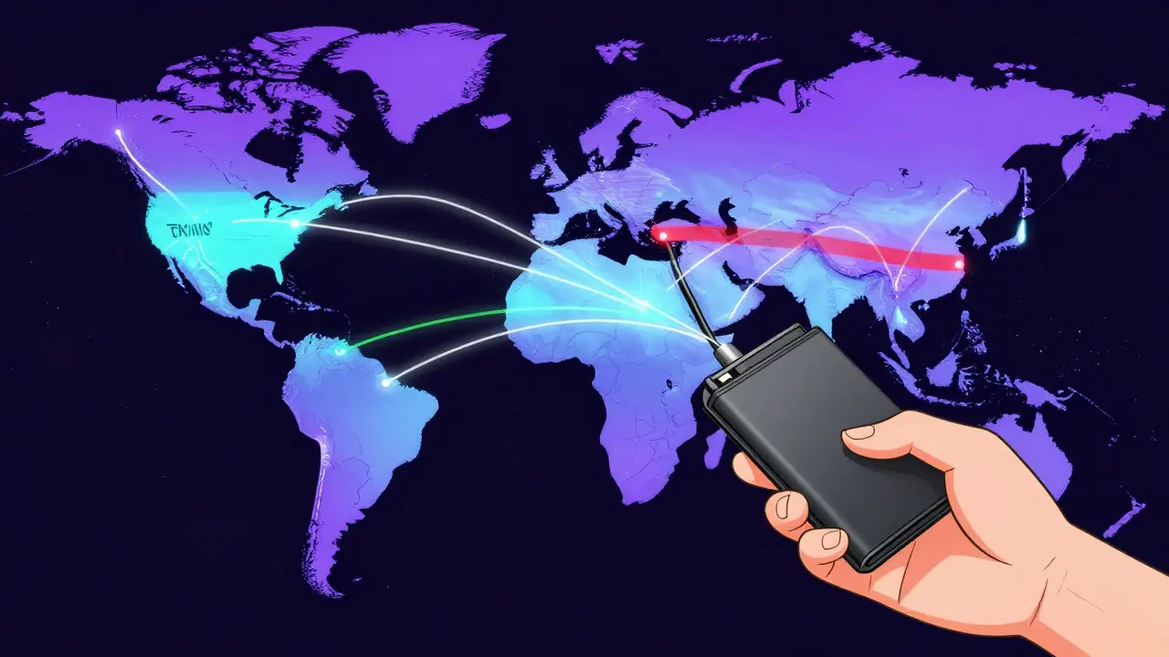 Global map showing crypto connectivity and regional restrictions