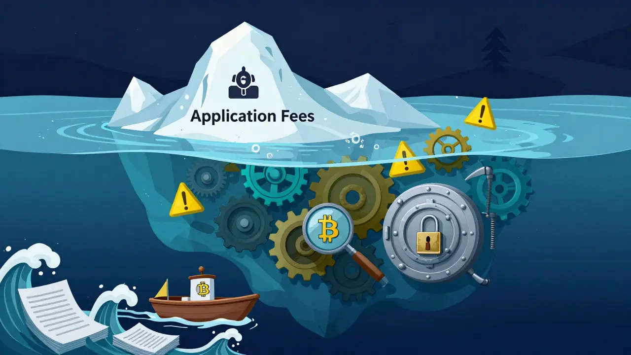 Iceberg metaphor showing hidden compliance costs and banking hurdles beneath visible application fees.