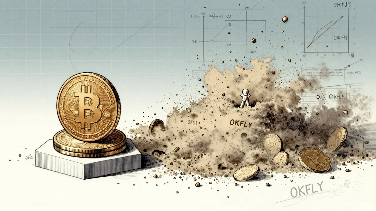 Illustration comparing small Bitcoin coin to overwhelming avalanche of worthless OKFLY tokens.