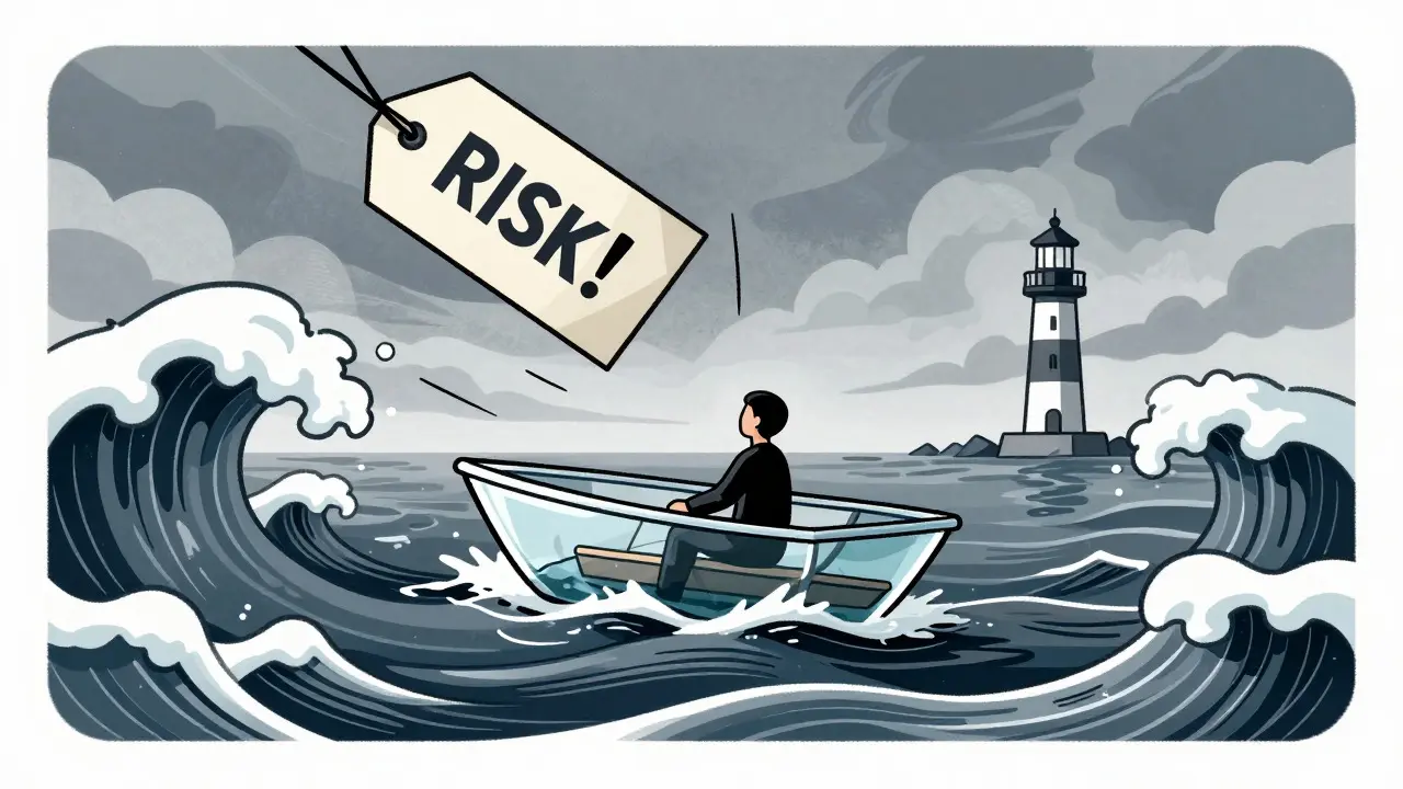 Illustration of a small boat navigating rough waves under a swinging price tag, symbolizing market volatility