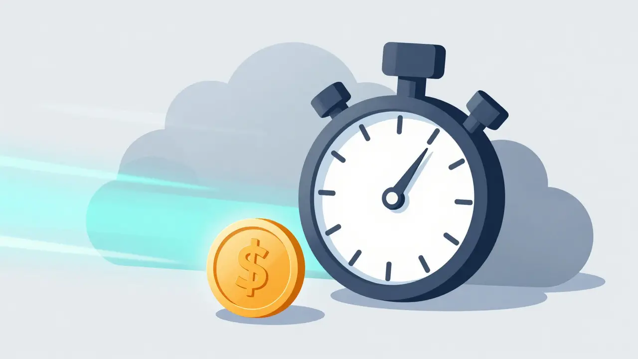 Illustration of a tiny glowing coin and a fast stopwatch symbolizing low fees and quick transactions