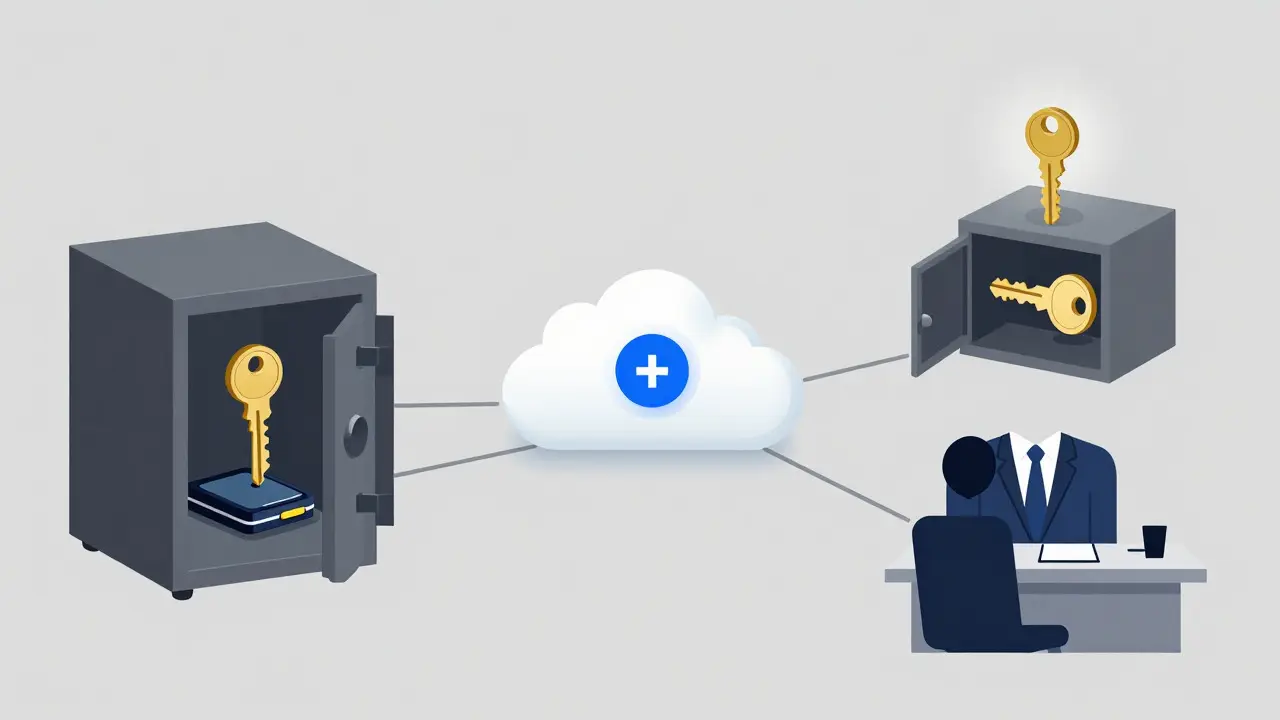 Illustration of crypto keys stored in three separate secure physical locations