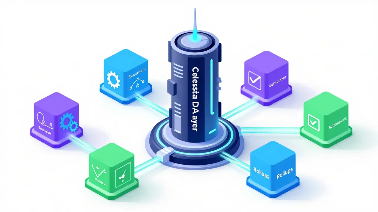 Illustration of modular blockchain layers connected to Celestia data availability hub