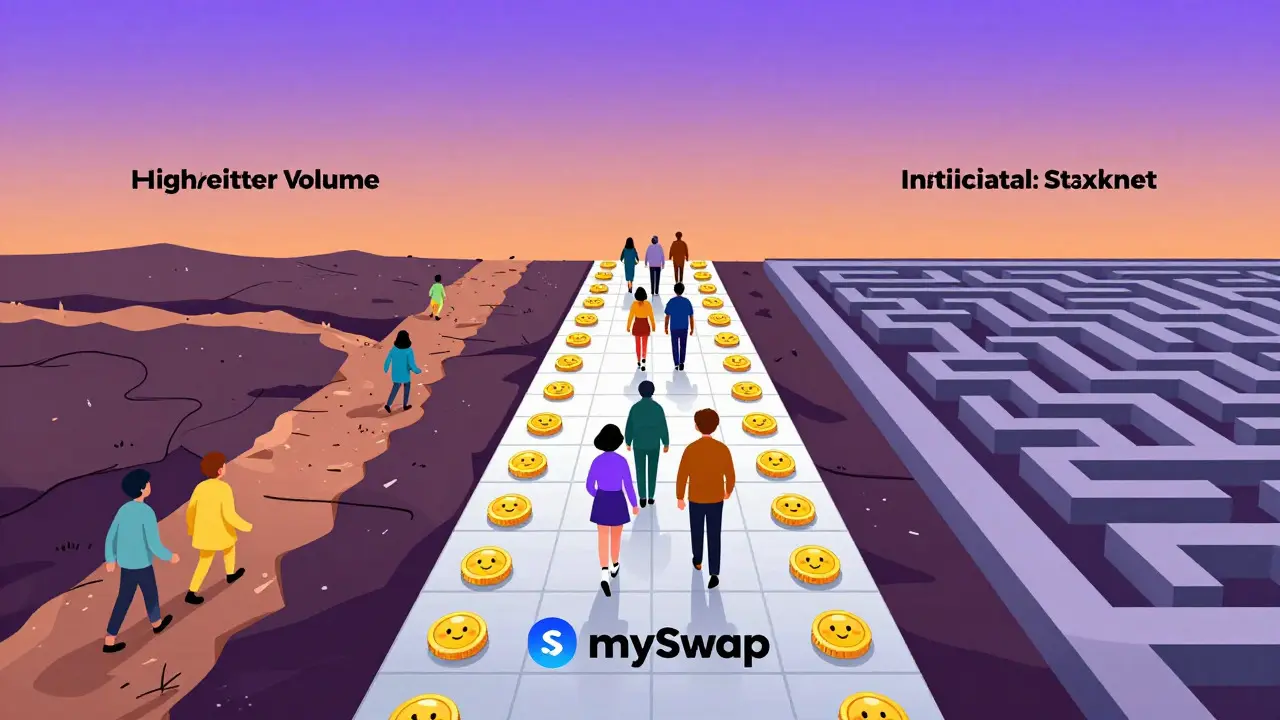 Illustration of three paths comparing different decentralized exchange options