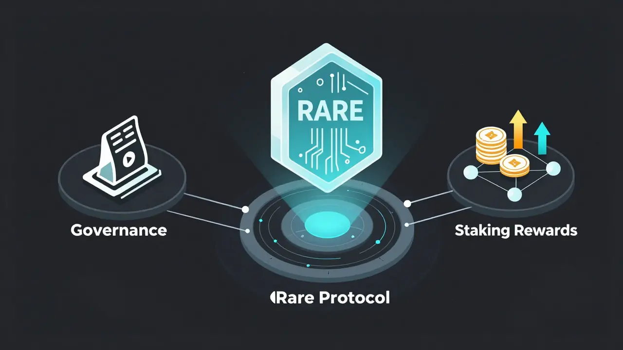 Isometric technical diagram showing RARE token utility: governance, staking, and protocol access