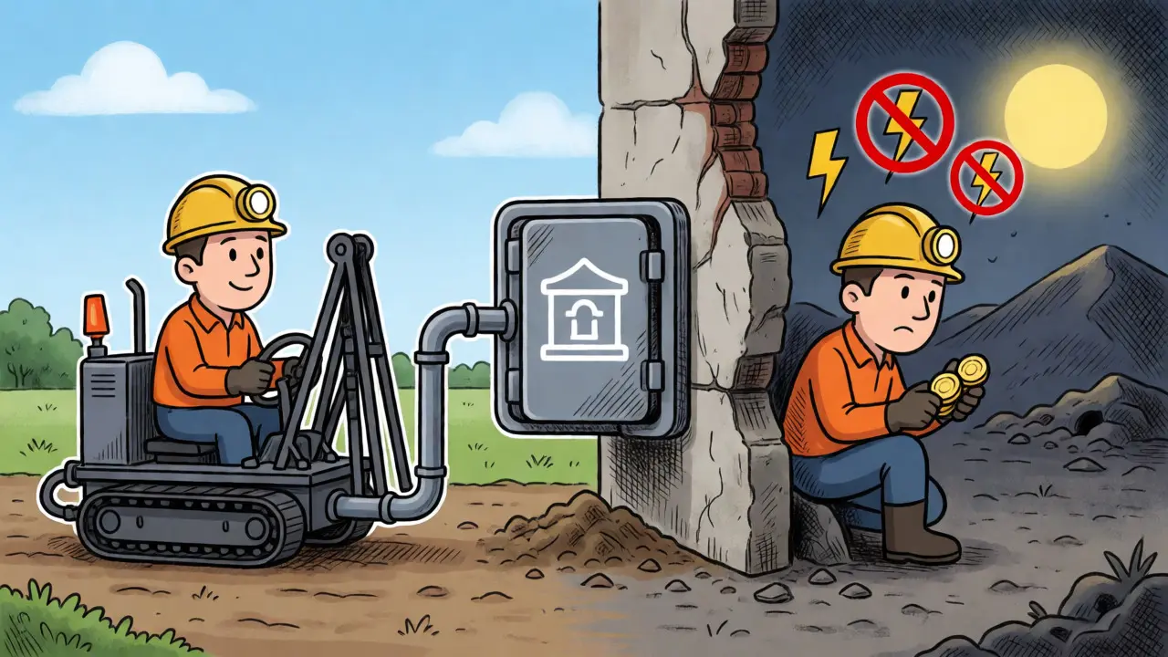 Licensed miner sending coins to bank vs. illegal miner hiding during power outages.