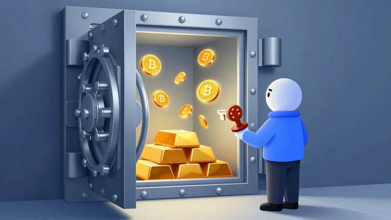 Open bank vault revealing glowing digital coins and blockchain blocks to an entrepreneur