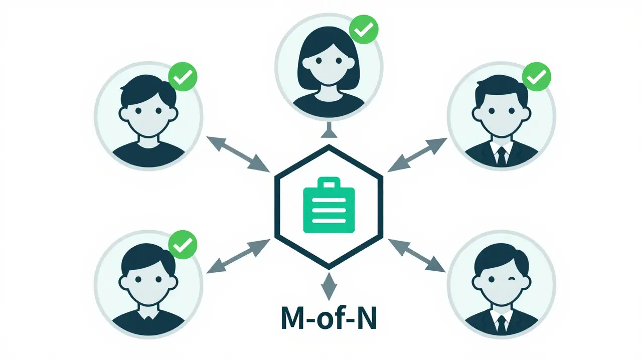 Schematic cartoon showing a 3-of-5 multi-sig approval process with avatars