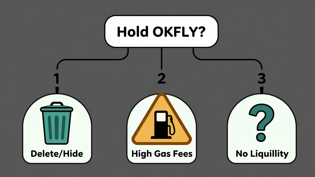 Schematic diagram illustrating three options for handling obsolete OKFLY tokens in a wallet.