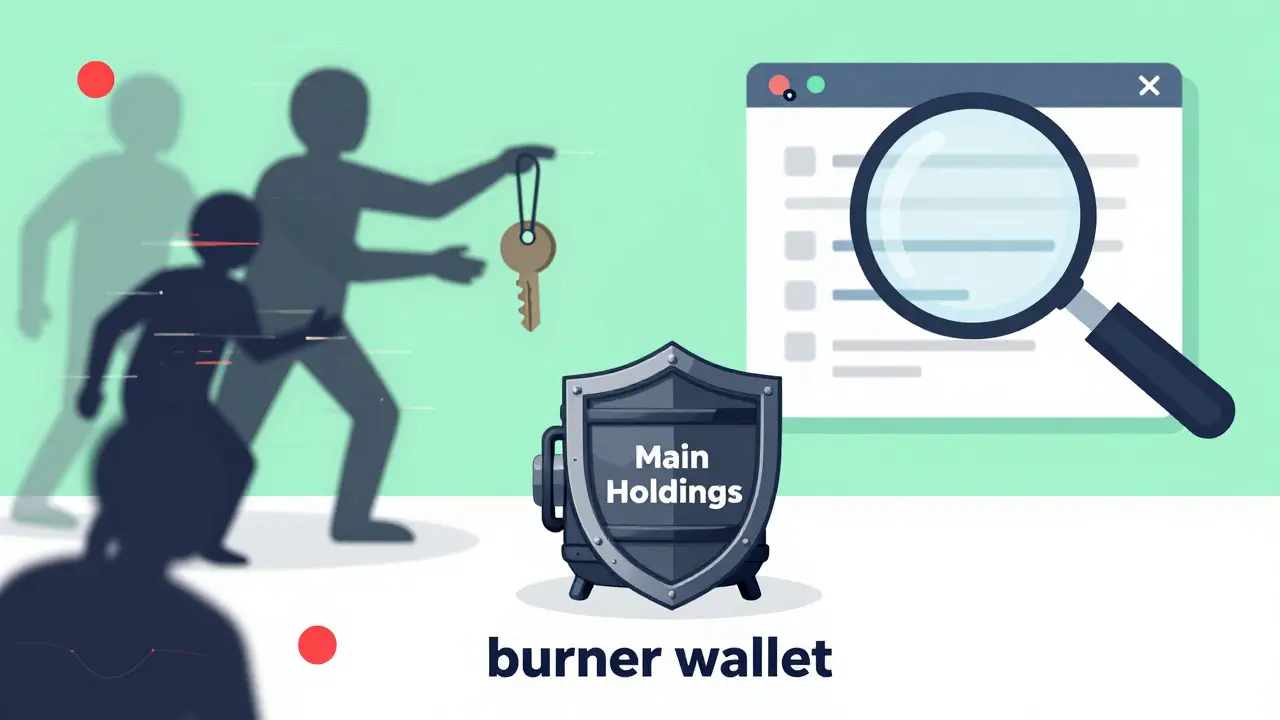 Security illustration showing burner wallet protection against phishing scams