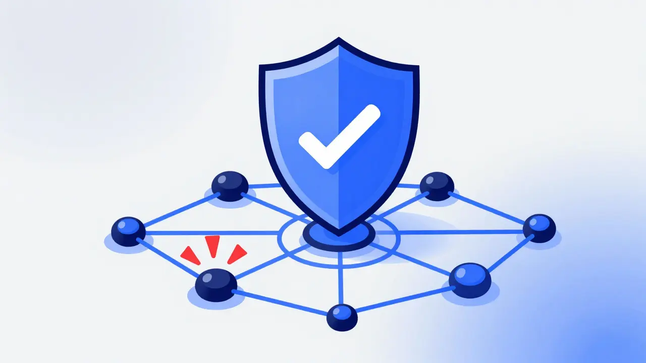 Shield protecting DeFi nodes from red anomaly warnings in cartoon style