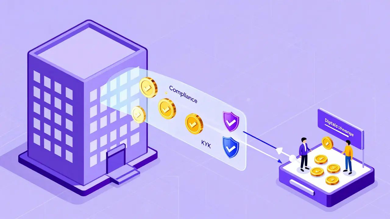 Technical cartoon diagram illustrating the process of converting buildings into digital tokens via a pipeline