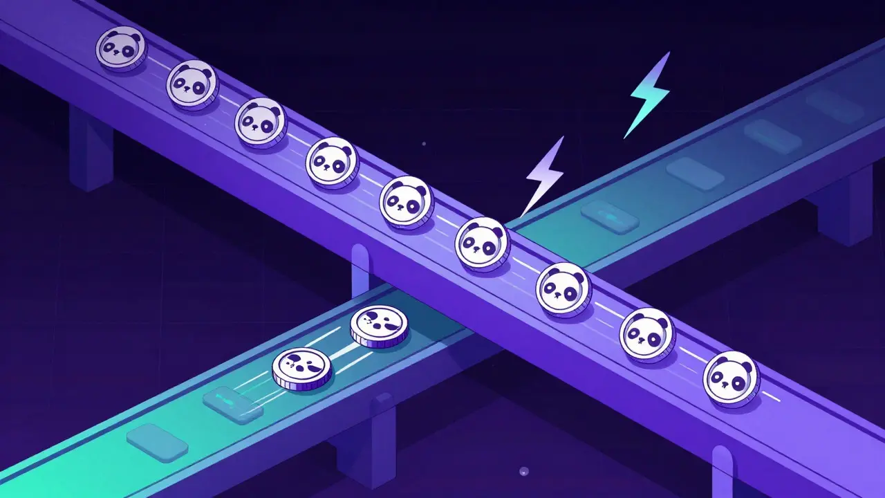 Technical cartoon showing fast data flow on the Solana blockchain