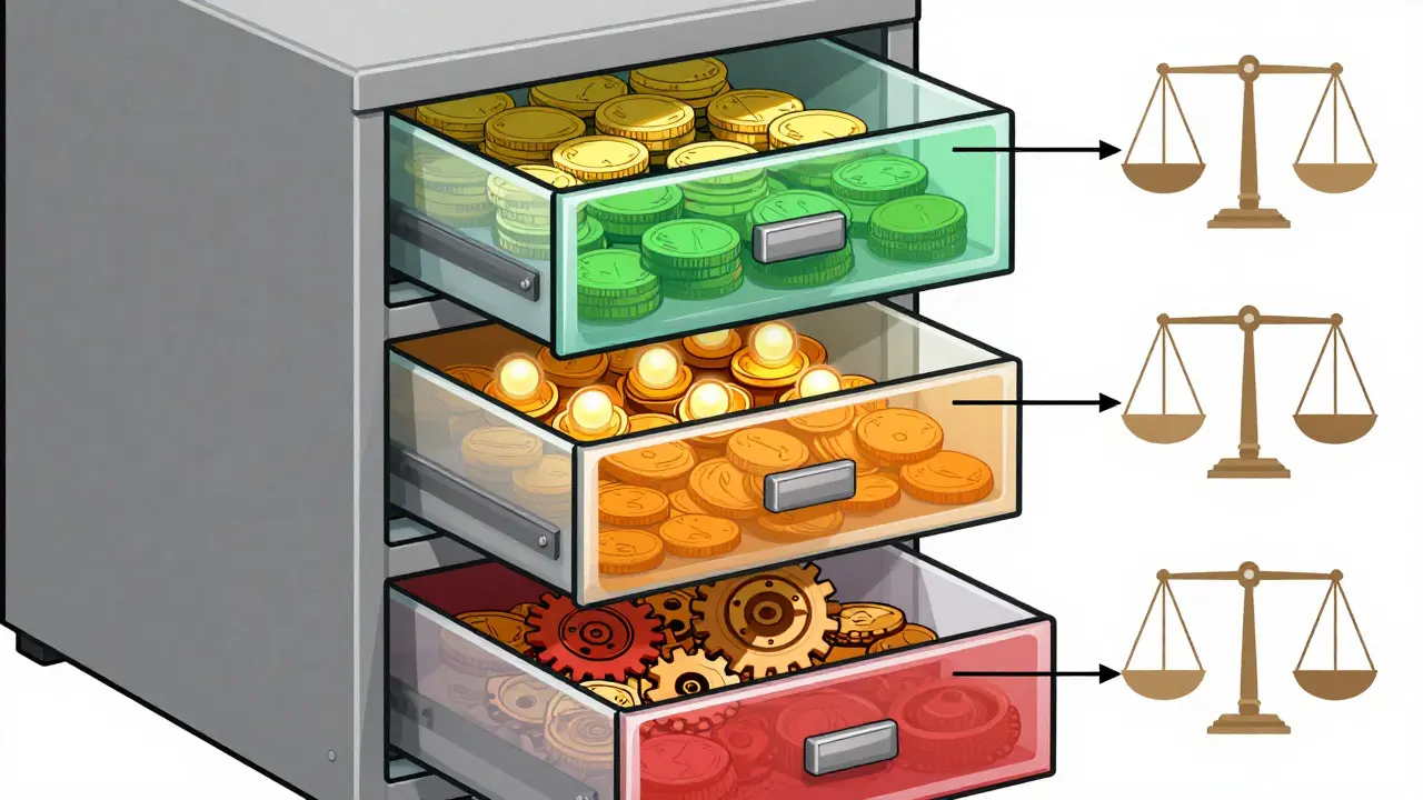 Technical diagram of a three-tier system categorizing different types of cryptocurrency income and assets.