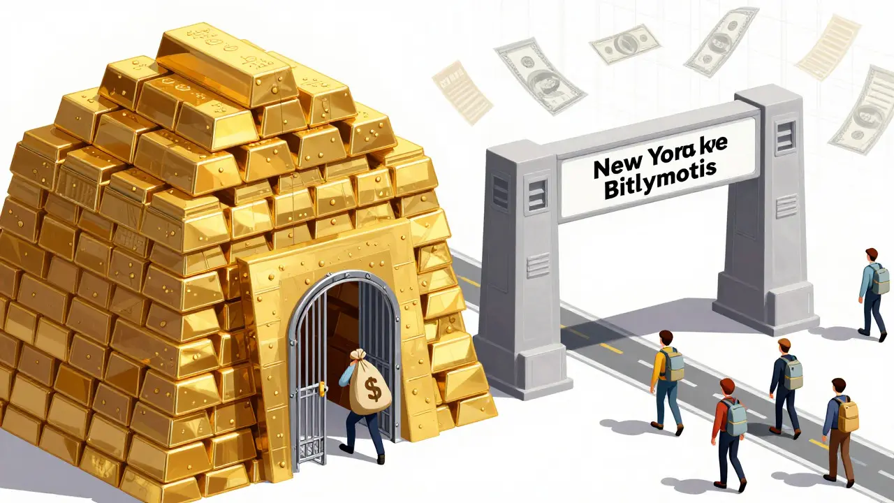 Technical illustration contrasting a difficult New York license fortress with an accessible Wyoming gateway.