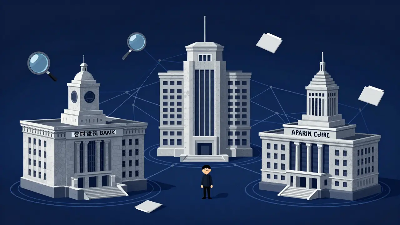 Three government buildings connected by surveillance webs surrounding a citizen