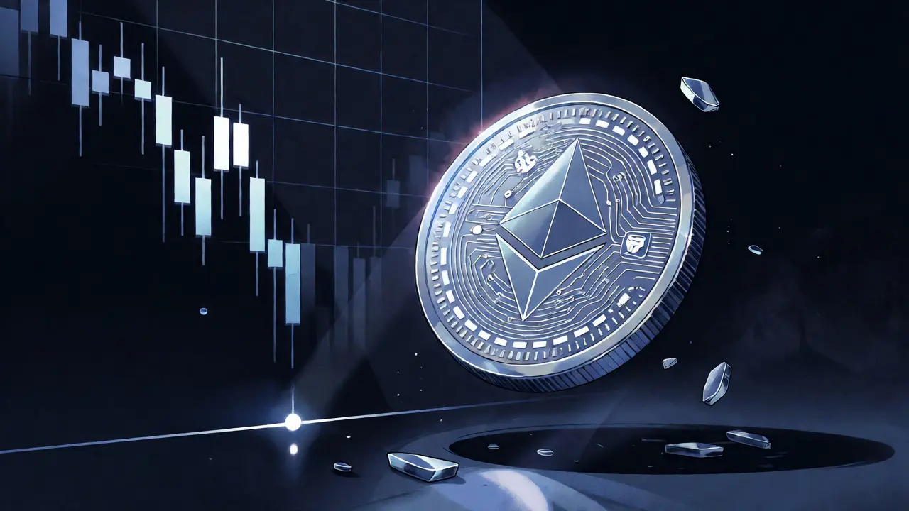 Close-up of a crypto token against a backdrop of a crashing price chart.