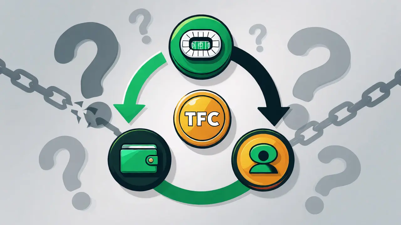 Closed-loop ecosystem graphic connecting football fans, wallets, and social profiles via TFC.