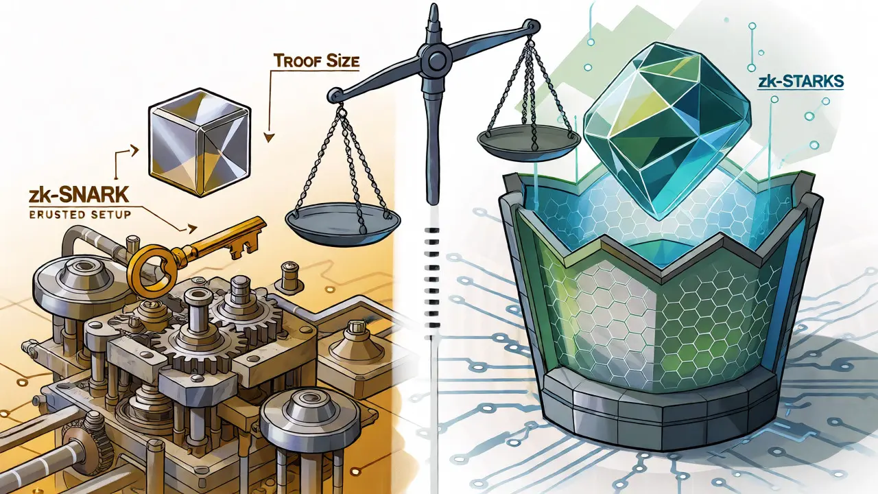 Comparative technical drawing contrasting small zk-SNARK cubes with larger zk-STARK crystal structures and their security features.